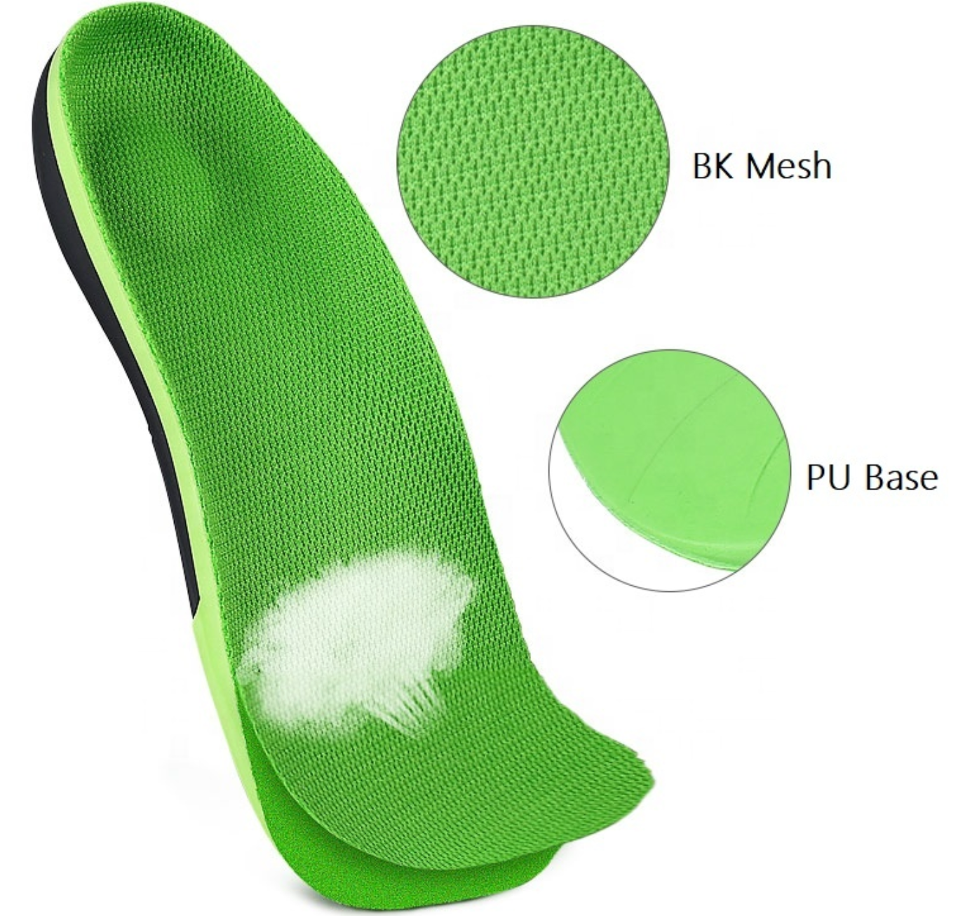 Orthotic shoe impact gel insoles: three quarter length arch support for plantar fasciitis. Odor fighting mesh construction.