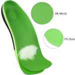 Orthotic shoe impact gel insoles: three quarter length arch support for plantar fasciitis. Odor fighting mesh construction.