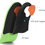 Orthotic shoe impact gel insoles: three quarter length arch support for plantar fasciitis. Image shows layers of insert with gel pad and arch support.