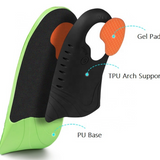 Orthotic shoe impact gel insoles: three quarter length arch support for plantar fasciitis. Image shows layers of insert with gel pad and arch support.