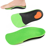 Orthotic shoe impact gel insoles: three quarter length arch support for plantar fasciitis. Fit example on foot, bottom view, top side veiw.