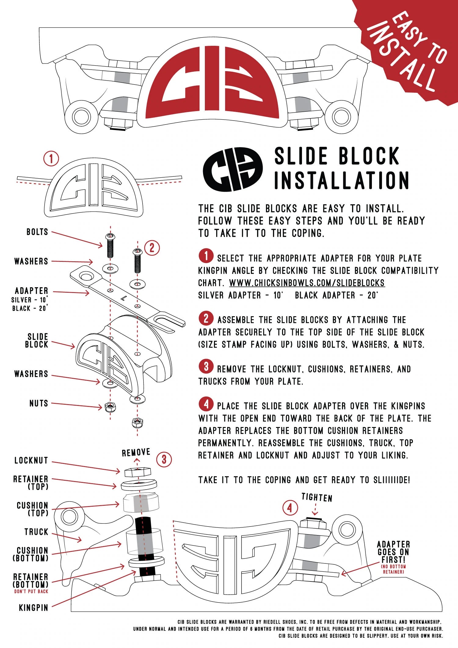 CIB slide grind blocks installation instructions