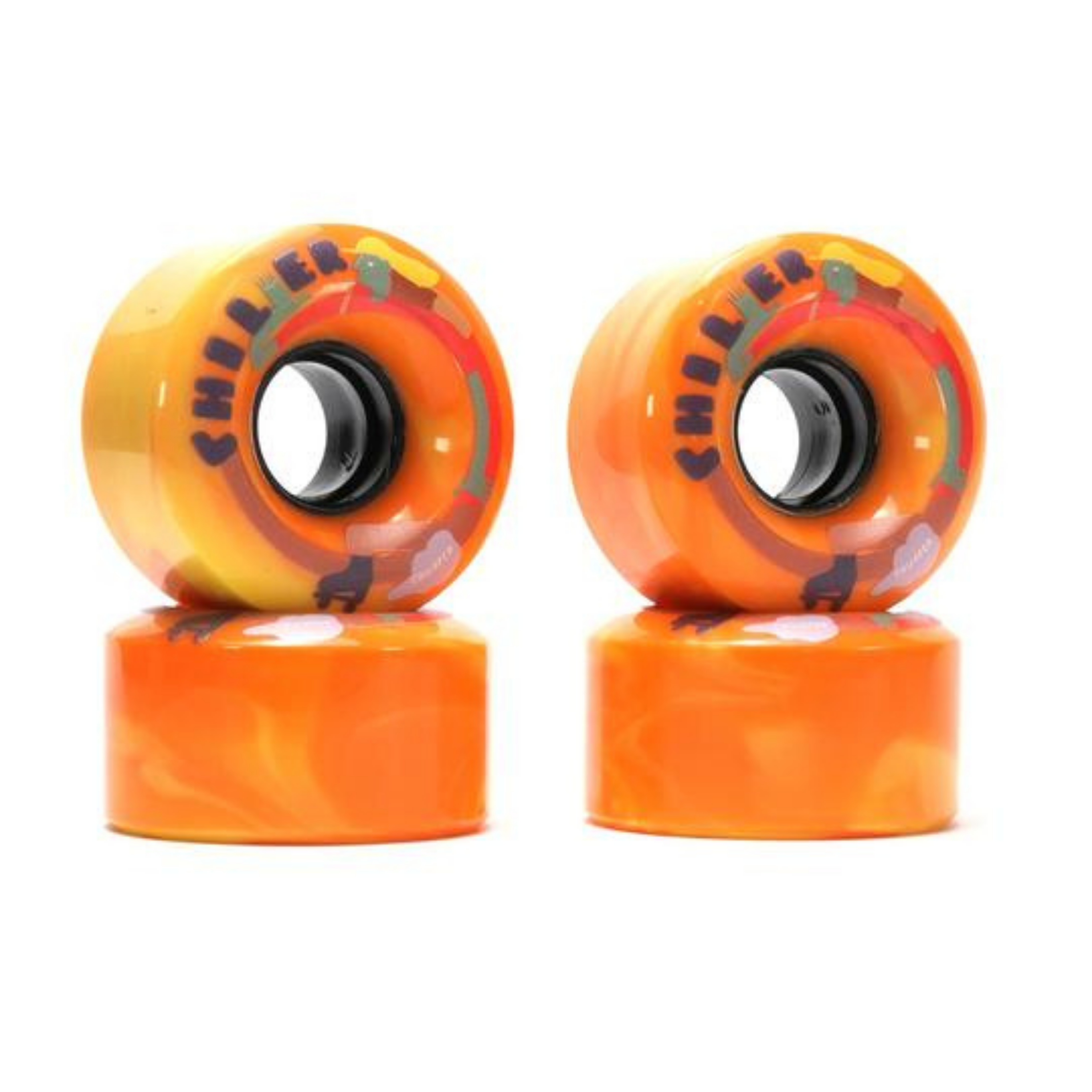 Orange Chiller roller skate wheels from Chuffed Skates. The Chiller wheel comes in 92a durometer and works equally well on skate parks and trails.