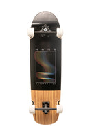 The Battler is a 35 inch complete board from NANA. Pictured with the black playback graphics and natural wood tail. 