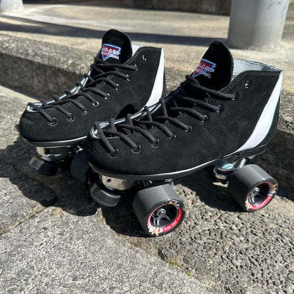 Outside picture of a Sure-Grip roller skates with 150 Suede boot and Avanti Aluminum plate available exclusively at Seaside Skates