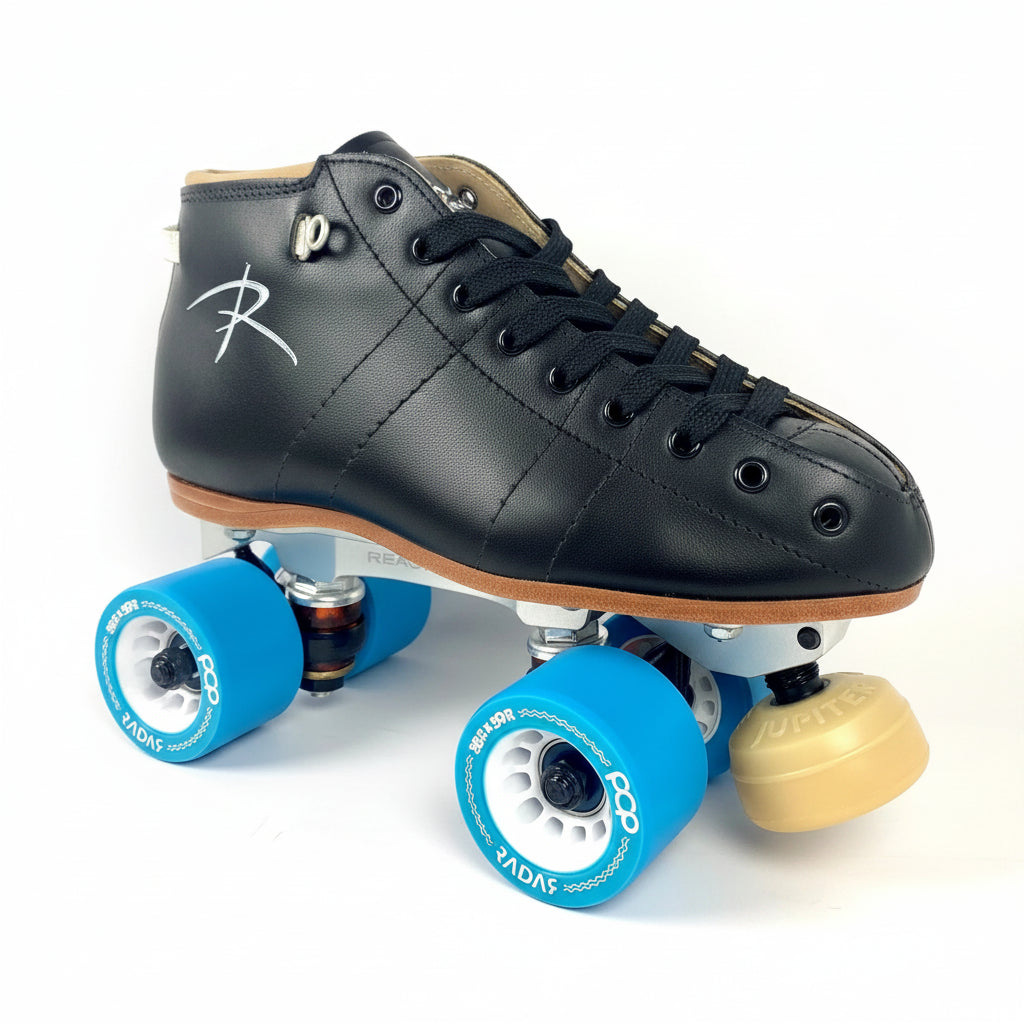 Riedell black leather roller skate boot with bright blue wheels