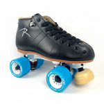 Riedell black leather roller skate boot with bright blue wheels