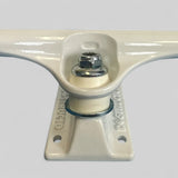 Closeup detail of Destructo D1 Mid skateboard trucks in Ghostface white on white colourway