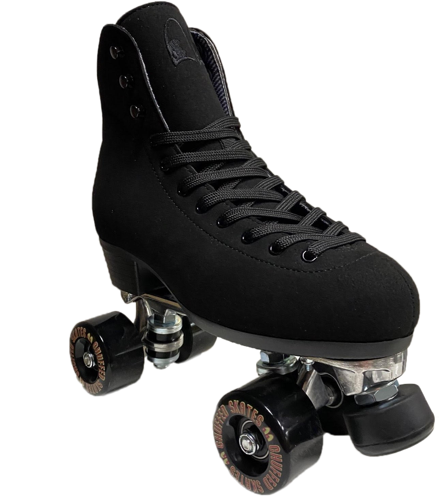 Chuffed wanderer roller skate in vegan black. A cruelty free boot and skate that works equally well on the street and at the park. 