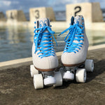 Chuffed wanderer crew collection roller skate in washed grey with light blue laces. The Bowzer is a handsome skate equally at home on the trail or at the park. 