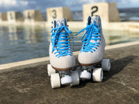 Chuffed wanderer crew collection roller skate in washed grey with light blue laces. The Bowzer is a handsome skate equally at home on the trail or at the park. 