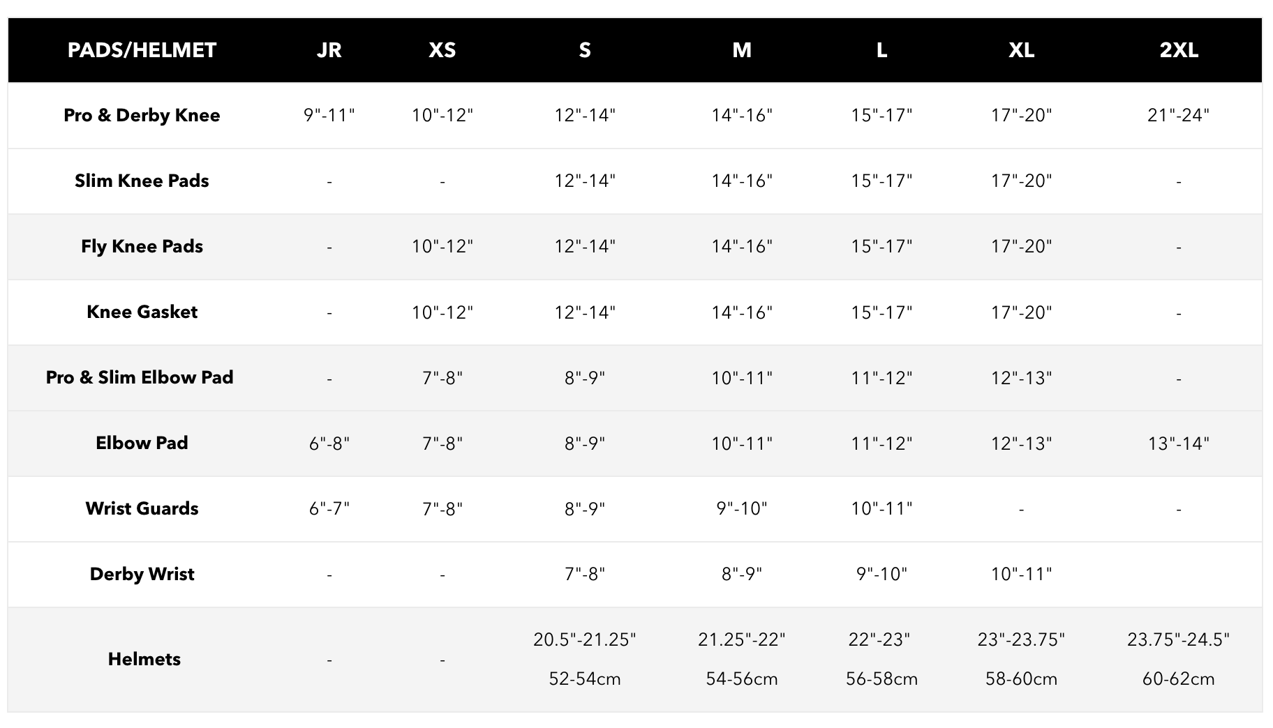 187 killer pads size chart for all models of knee pad. Look up your pad size on this size chart.