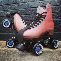 Sure-Grip Zero Nuts in Blue on Sure-Grip Stardust Pink roller skates and Radar Energy 65mm wheels