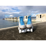 Chuffed wanderer crew collection roller skate in washed grey with light blue laces. The Bowzer is a handsome skate equally at home on the trail or at the park.