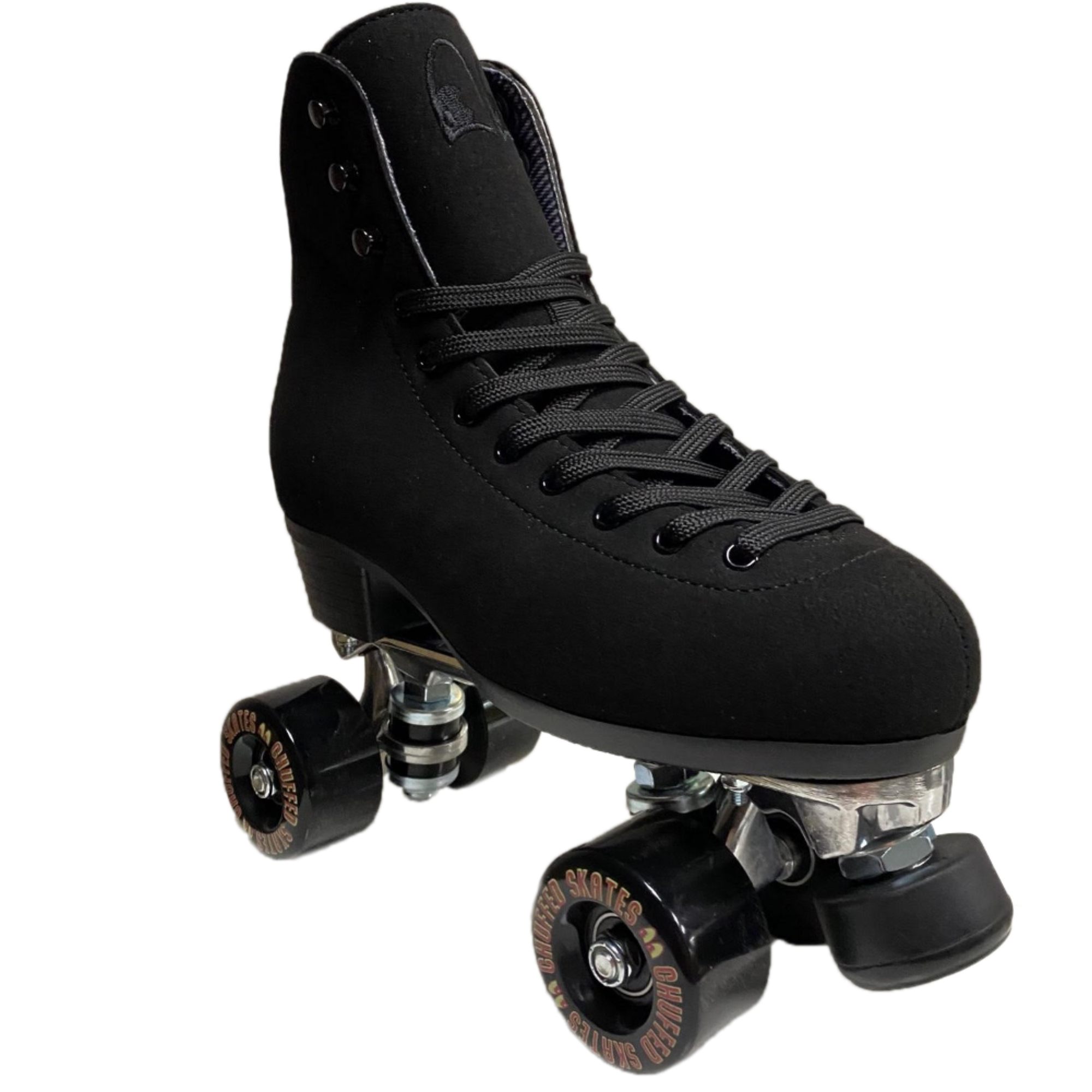 Chuffed wanderer roller skate in vegan black. A cruelty free boot and skate that works equally well on the street and at the park.