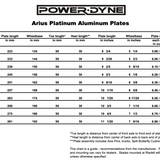 PowerDyne Arius platnum roller skate plate sizing chart. Available at Seaside Skates.