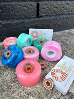 58mm by 32mm Roller skate wheels in various colors and hardness complete with bearings for $89