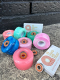 58mm by 32mm Roller skate wheels in various colors and hardness complete with bearings for $89