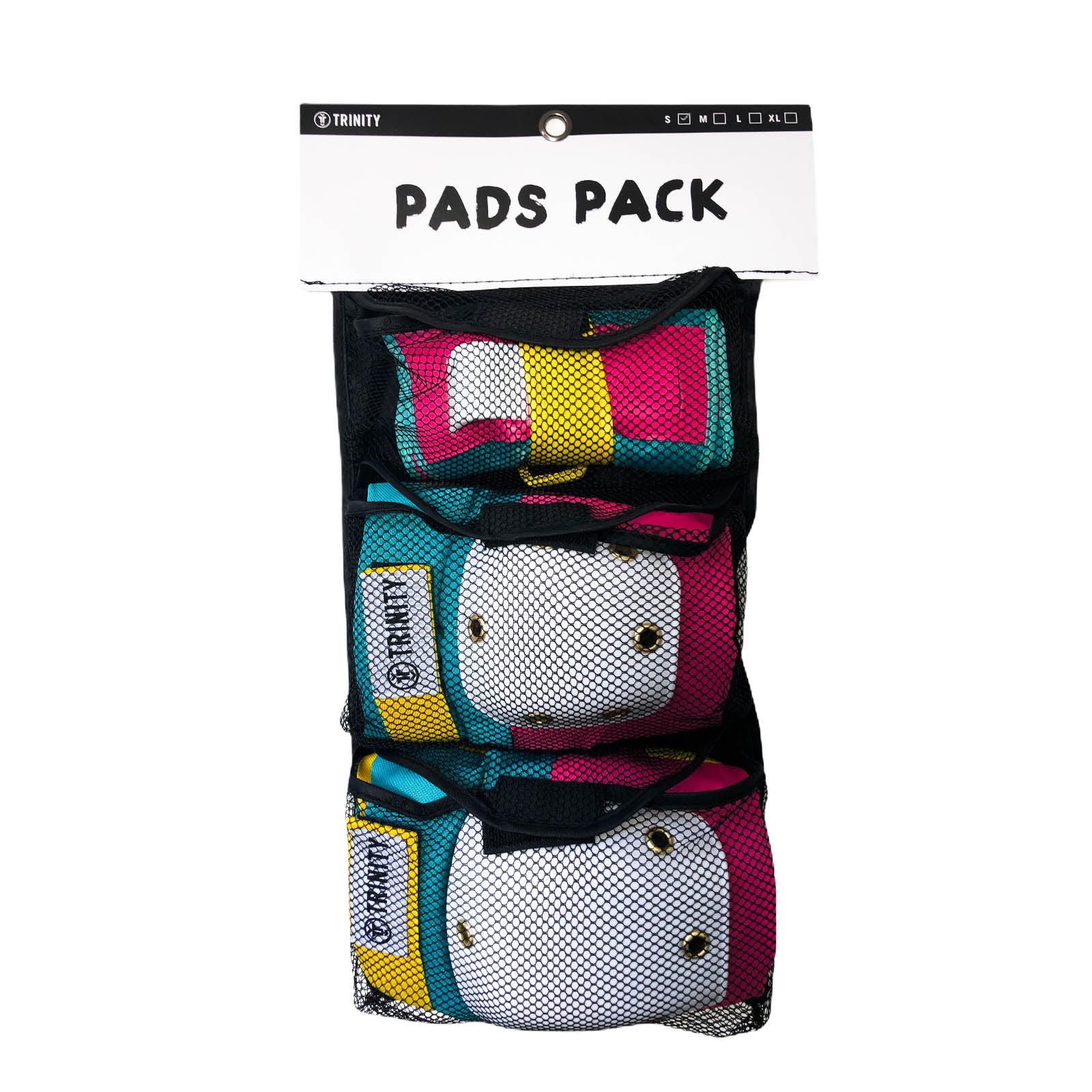 Trinity Pad Pack Teal Pink Yellow set of 6, 2 x knee pads, 2 x wrist guards 2 x elbow pads
