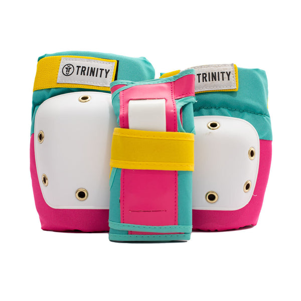 Trinity Pad Pack Teal Pink Yellow set of 6, 2 x knee pads, 2 x wrist guards 2 x elbow pads