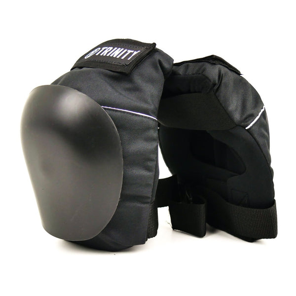 Trinity elite knee pads pictured with removable kneecap shells. Excellent and affordable kneepad for roller derby, park skating, surf skating and skateboarding.